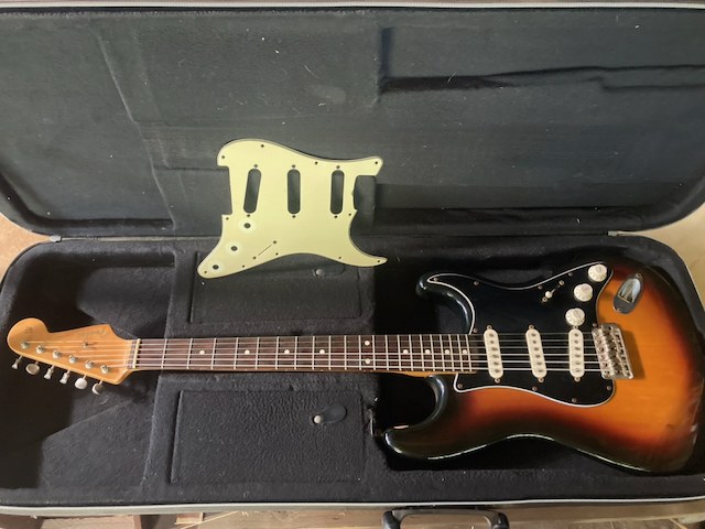 Kyle Baker's 2008 Fender Classic Series 60s Stratocaster in its case, black pickguard